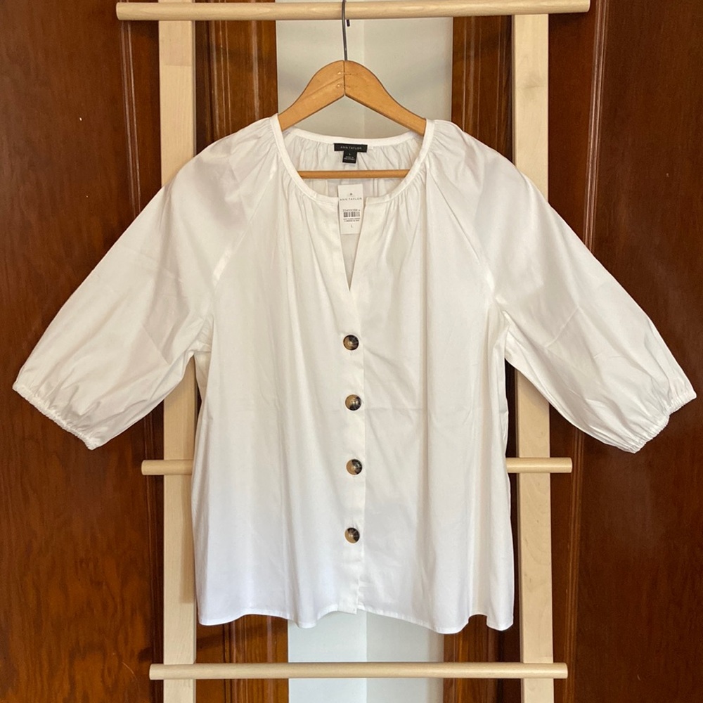 NWT Ann Taylor Puff-Sleeve Blouse, White, Size Large